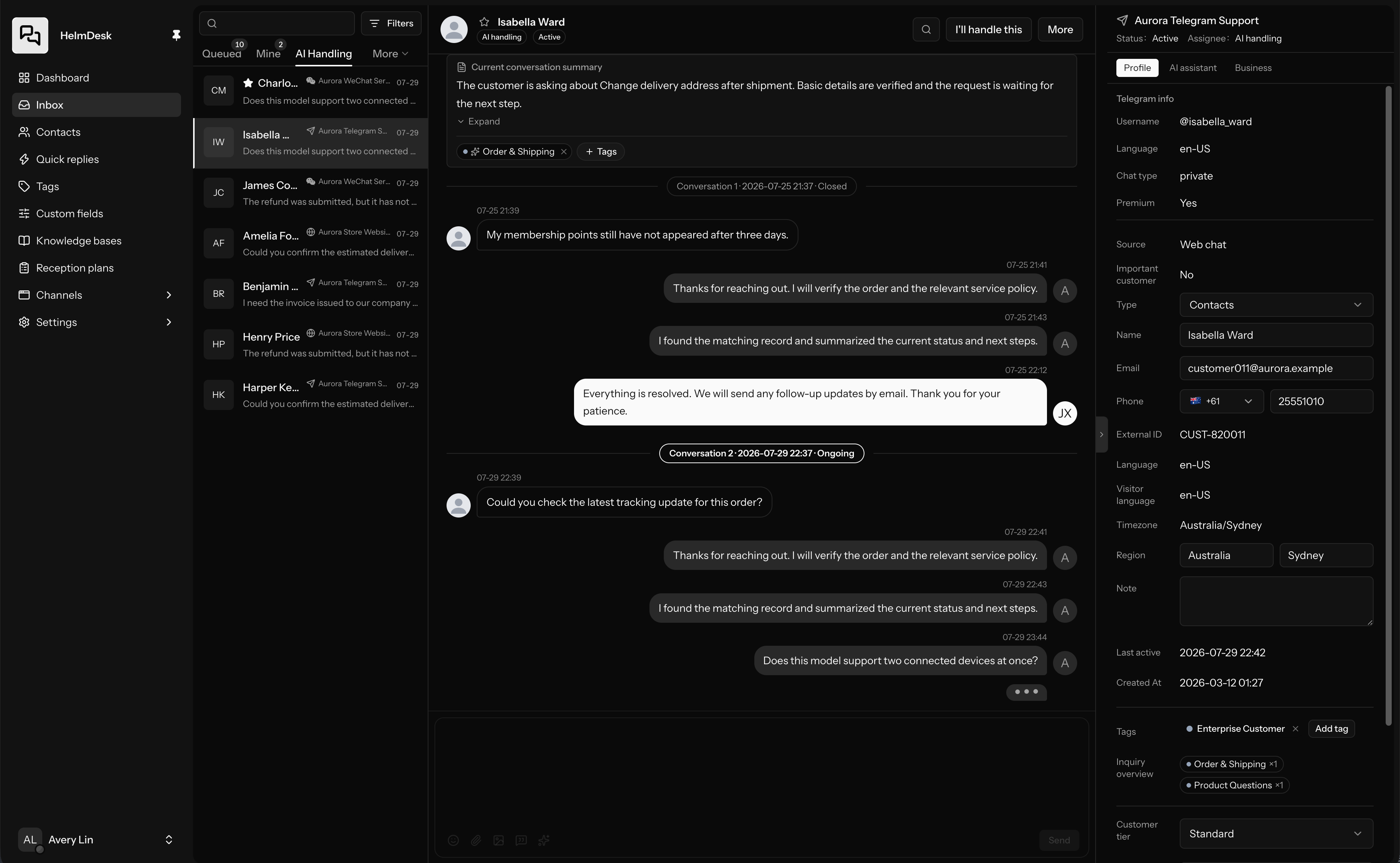 HelmDesk dashboard showing recent conversations, ratings, AI usage, and agent activity