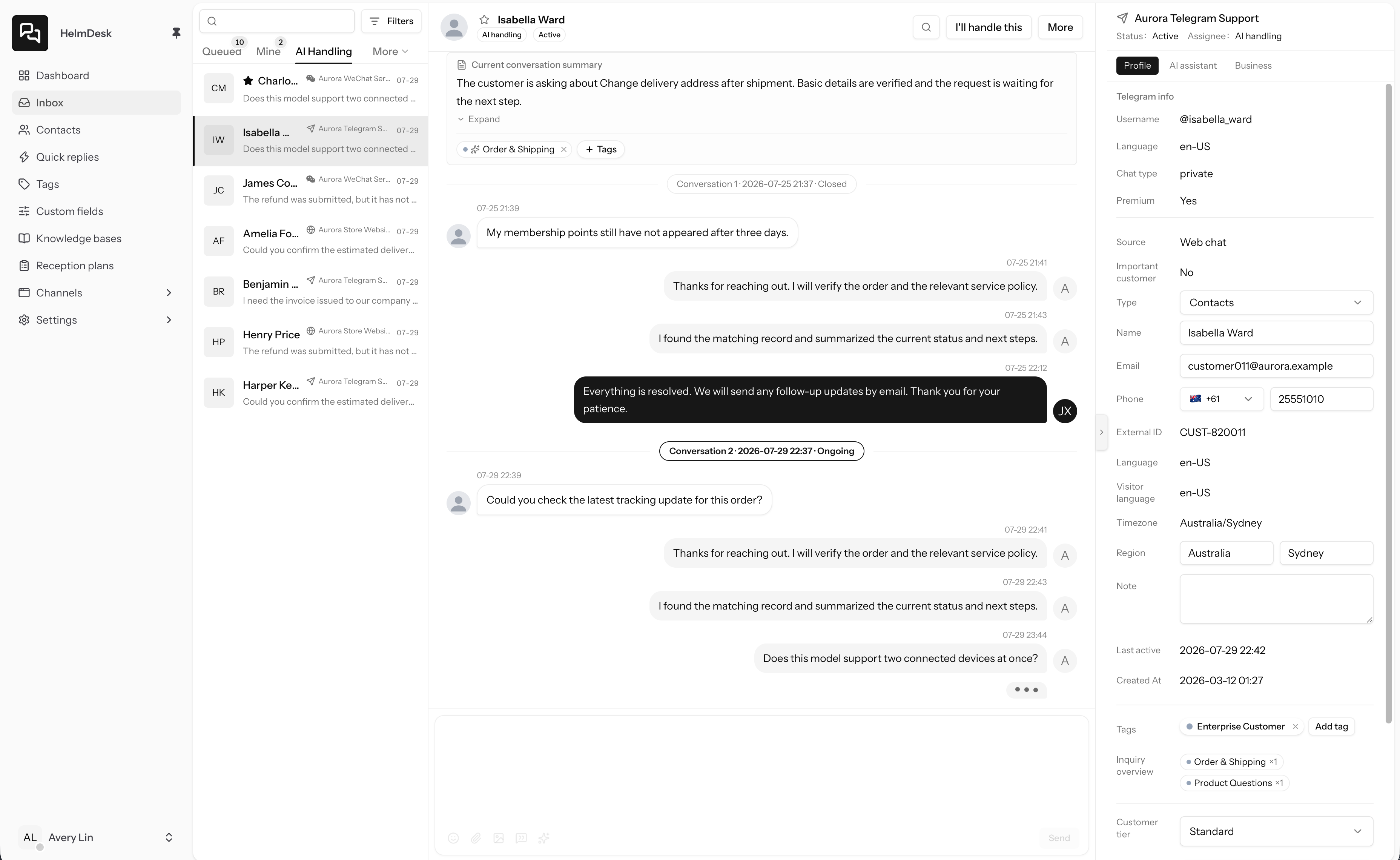 HelmDesk dashboard showing recent conversations, ratings, AI usage, and agent activity